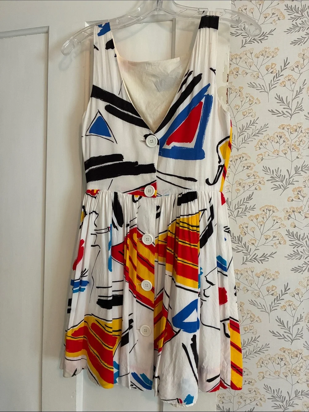 American Apparel White Tank Dress with Bold Red, Yellow, Blue & Black Print